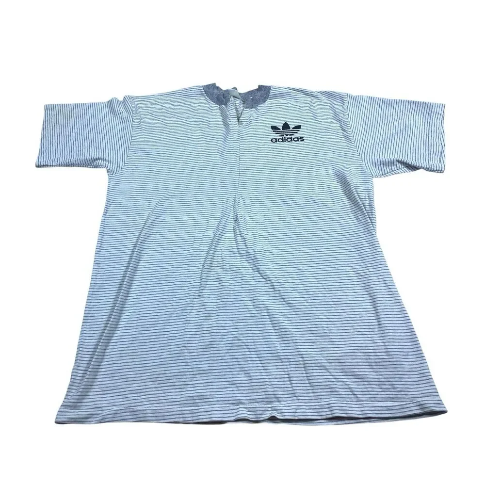 Vintage 80s Adidas T Shirt Men's LARGE Gray White Trefoil Single Stitch Striped